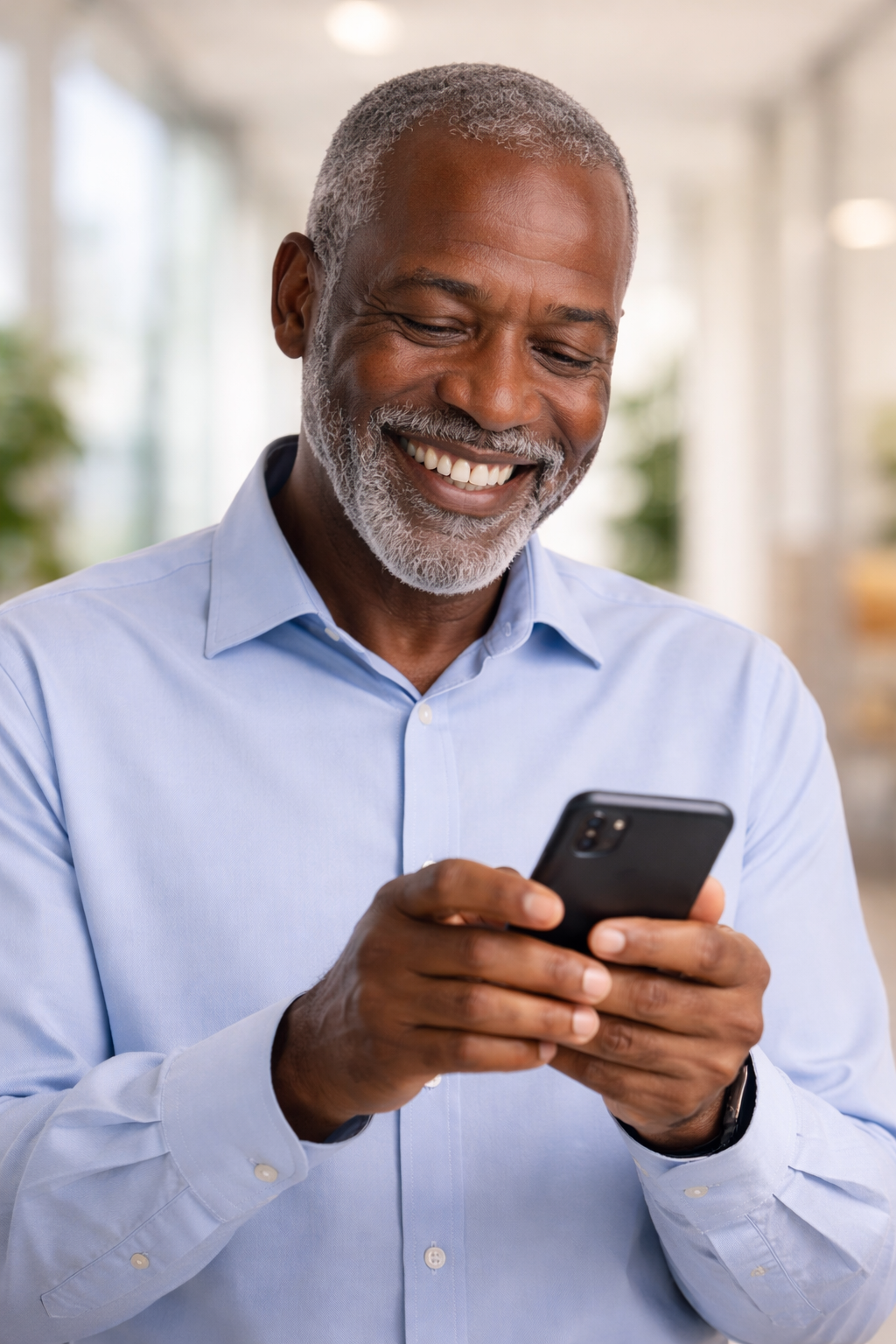 Servidor público sorridente analisando documentos financeiros